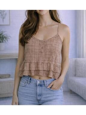 NWT - Volcom Plaid Cropped Tank Top Ruffle Hem Size M